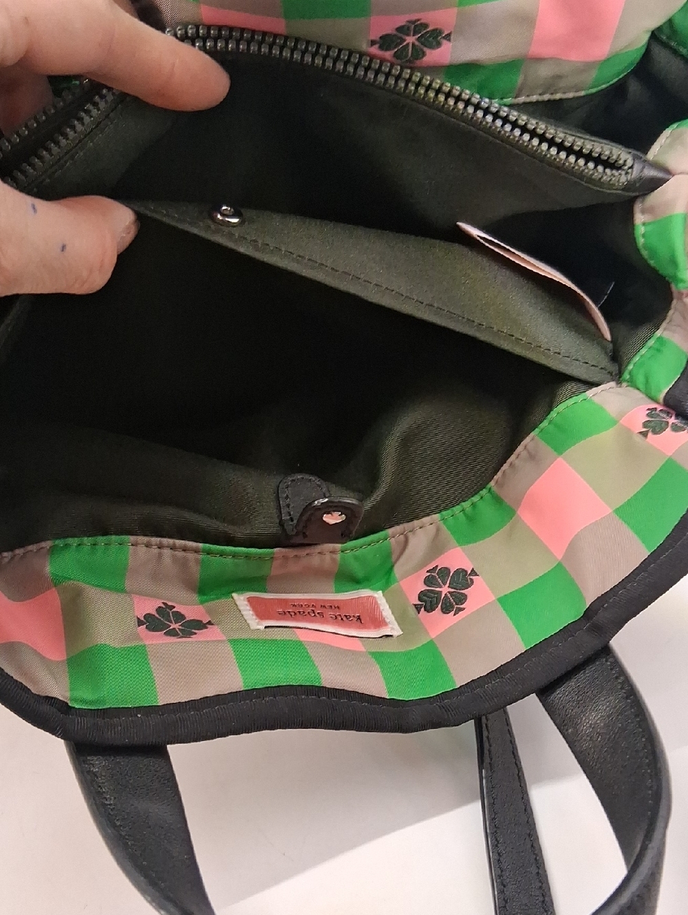 kate spade Pink and Green Check Satchel with Black Trim nwot - Picture 4 of 6